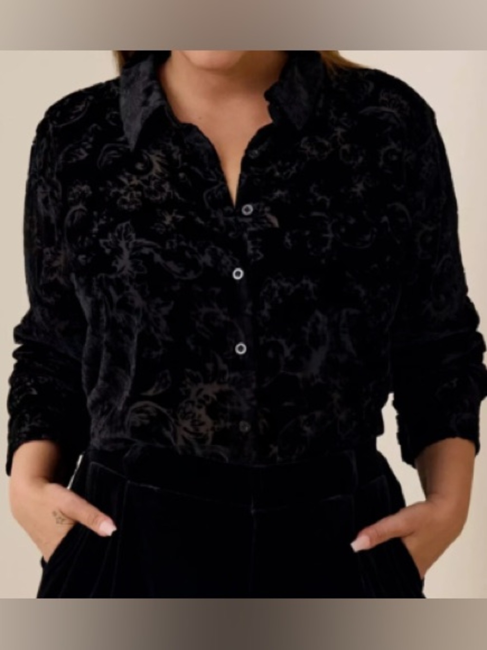 Marks & Spencer Black Velvet Burnout Button-Down top size M
